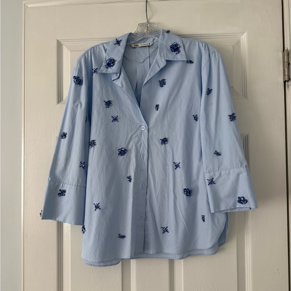 Zara Light Blue Embroidered Button-Up Shirt